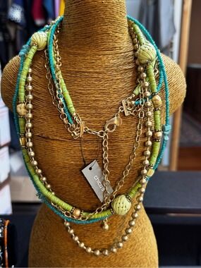 Chico's Multi-Strand Turquoise & Lime Green Beaded Necklace with Gold Chains